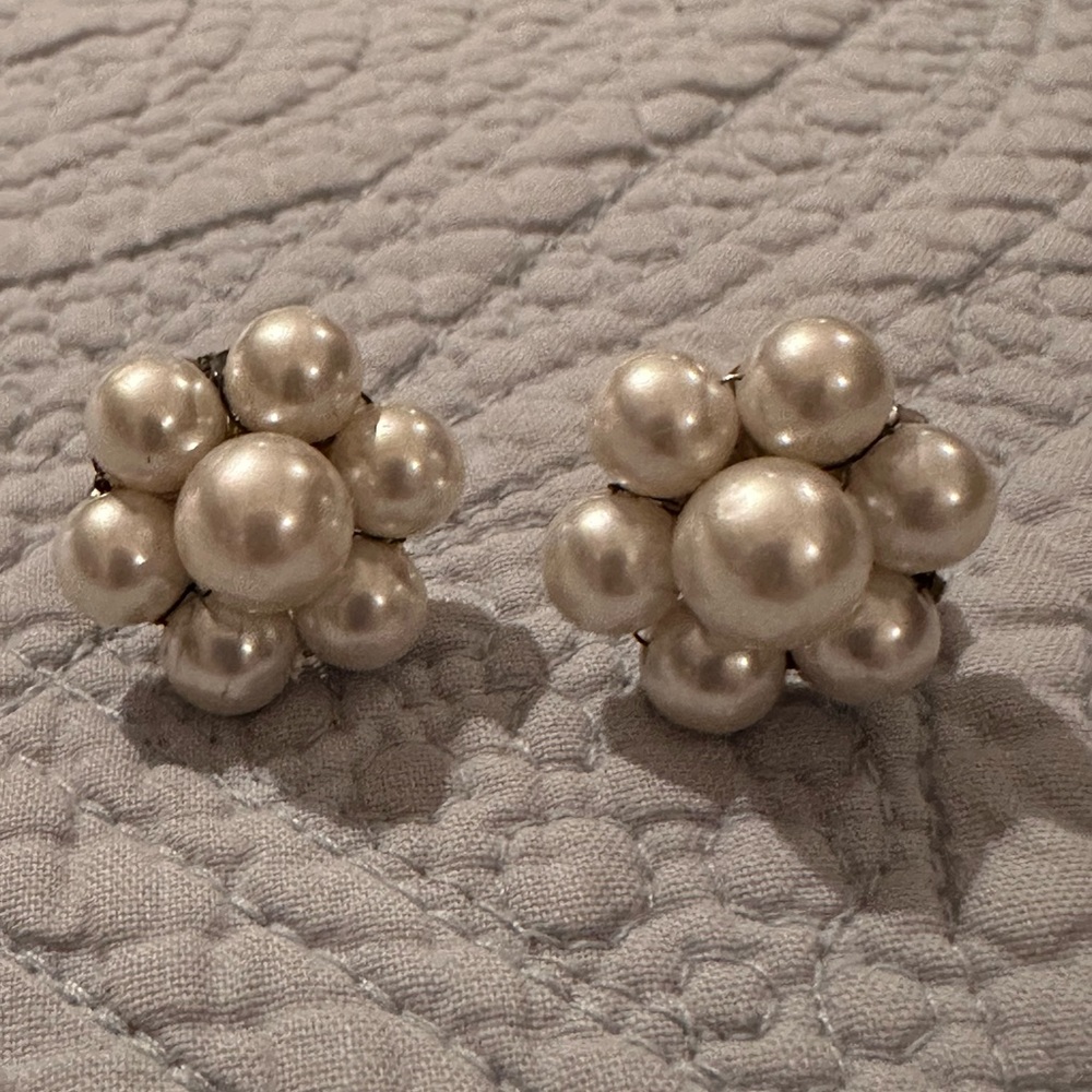 Classy,Vintage pearl flower design earrings. Elegant clip on.marked JAPAN
